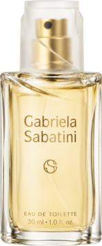 Złota woda toaletowa Gabriela Sabatini 30ml w prostokątnej, szklanej butelce, widok z przodu.