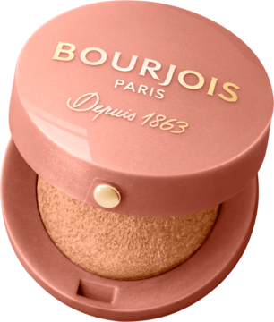 Otwarty, brzoskwiniowy róż Bourjois Little Round Pot, wypiekany, z widocznym shimmery cieniem.