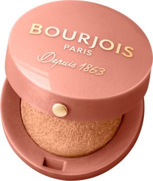 Otwarty, brzoskwiniowy róż Bourjois Little Round Pot, wypiekany, z widocznym shimmery cieniem.