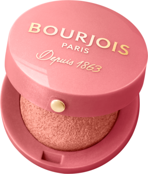 Okrągły róż Bourjois Little Round Pot w różowym etui z złotym napisem, otwarty, widoczny brzoskwiniowy odcień.