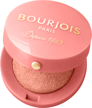 Otwarty, okrągły róż Bourjois Little Round Pot w odcieniu koralowym, ukazujący wypiekany puder dla promiennych policzków.