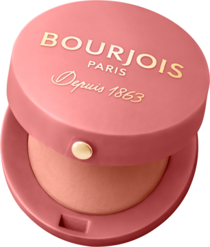 Róż do policzków Bourjois Little Round Pot w otwartym, okrągłym, różowym kompakcie z napisem, widok z góry.