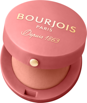 Róż do policzków Bourjois Little Round Pot w otwartym, okrągłym, różowym kompakcie z napisem, widok z góry.