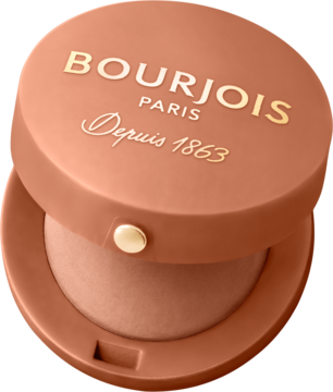 Otwarty okrągły róż Bourjois Little Round Pot w matowej brzoskwini ze złotymi napisami, widok z góry.