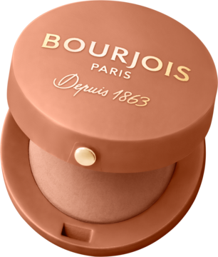 Otwarty okrągły róż Bourjois Little Round Pot w matowej brzoskwini ze złotymi napisami, widok z góry.