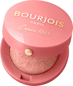 Otwarty róż Bourjois Little Round Pot w koralowo-różowym etui. Widoczny wypiekany różany odcień i złote logo.