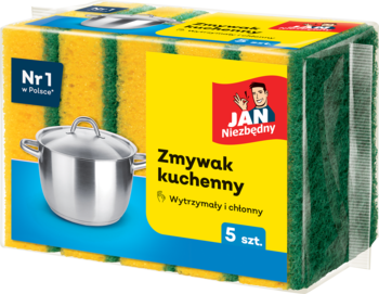 Paczka pięciu żółto-zielonych zmywaków JAN Niezbędny, kuchennych gąbek, z logiem i ilustracją garnka, widok z przodu.