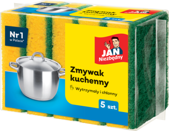 Paczka pięciu żółto-zielonych zmywaków JAN Niezbędny, kuchennych gąbek, z logiem i ilustracją garnka, widok z przodu.