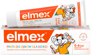 Elmex pasta do zębów dla dzieci 0-6 lat w pomarańczowo-białej tubce i pudełku z koalą, widok pod kątem.