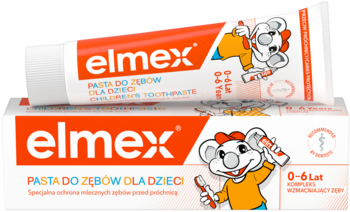 Elmex pasta do zębów dla dzieci 0-6 lat w białej tubce i opakowaniu z pomarańczowymi pasami i koalą.