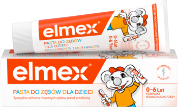 Biało-pomarańczowa pasta Elmex dla dzieci 0-6 lat, tuba z koalą, leży na pudełku. Widok przód.