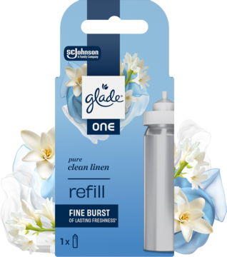 Glade ONE zapas odświeżacza powietrza, Czysta Świeżość, widok opakowania z kwiatami i srebrną butelką.
