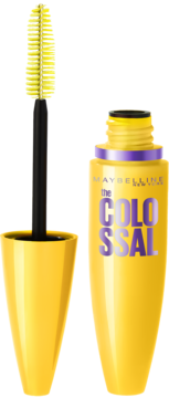 Otwarty żółty tusz Maybelline The Colossal do kolosalnego pogrubienia rzęs, widoczna szczoteczka.