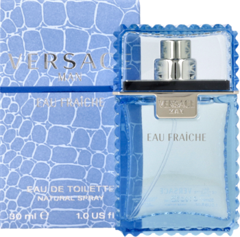 Woda toaletowa Versace Man Eau Fraiche: jasnoniebieska butelka i pudełko z wzorem krokodyla, widok z przodu.