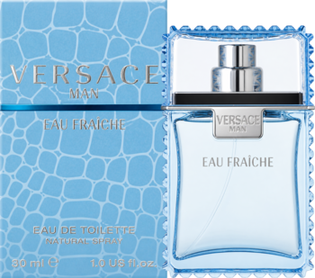 Jasnoniebieska woda toaletowa Versace Man Eau Fraiche 30 ml, z widocznym pudełkiem i flakonem z krokodylim wzorem.