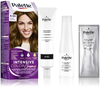 Palette Intensive Color Creme 6-65, zestaw do koloryzacji włosów: fioletowe pudełko, krem, butelka i saszetka.
