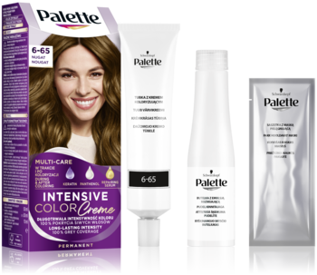 Palette Intensive Color Creme 6-65, zestaw do koloryzacji włosów: fioletowe pudełko, krem, butelka i saszetka.
