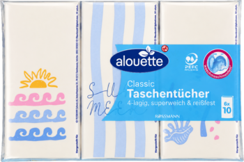 Trzy paczki Alouette Classic Taschentücher, 4-warstwowe, z morskimi wzorami, widok z przodu.