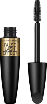 Otwarta, czarna maskara Max Factor False Lash Effect z gęstą szczoteczką obok. Złoty napis na opakowaniu.