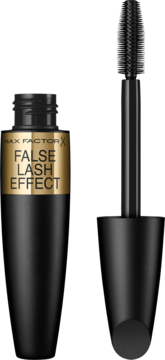 Otwarta, czarna maskara Max Factor False Lash Effect z gęstą szczoteczką obok. Złoty napis na opakowaniu.