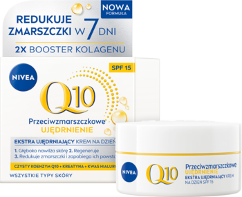 NIVEA Q10 Przeciwzmarszczkowy krem na dzień SPF 15 w białym słoiczku i opakowaniu. Hasło: redukuje zmarszczki w 7 dni.
