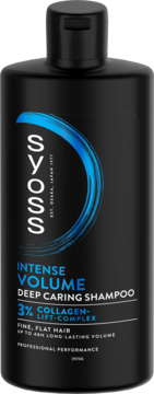 Czarna butelka Syoss Intense Volume Deep Caring Shampoo dla objętości z kolagenem, niebieskie detale, widok z przodu.