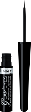 Czarny eyeliner Rimmel Glam'eyes Professional Liquid Liner, otwarty, z precyzyjnym pędzelkowym aplikatorem. Widok z przodu.
