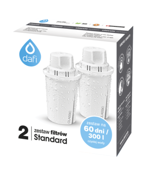 Dafi, zestaw 2 białych filtrów do wody Standard, w otwartym kartonowym pudełku, widok z przodu.