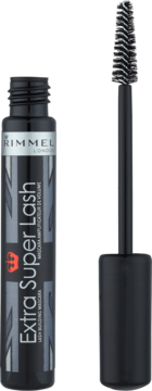 Rimmel Extra Super Lash, czarna maskara otwarta, butelka z flagą Union Jack, pędzelek obok gotowy do użycia.