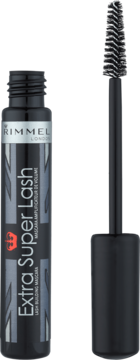 Rimmel Extra Super Lash, czarna maskara otwarta, butelka z flagą Union Jack, pędzelek obok gotowy do użycia.