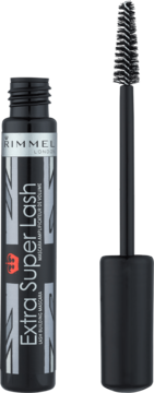 Rimmel Extra Super Lash czarny tusz do rzęs w butelce ze srebrną etykietą, otwarty, aplikator obok, widok z przodu.