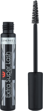 Rimmel Extra Super Lash czarny tusz do rzęs w butelce ze srebrną etykietą, otwarty, aplikator obok, widok z przodu.