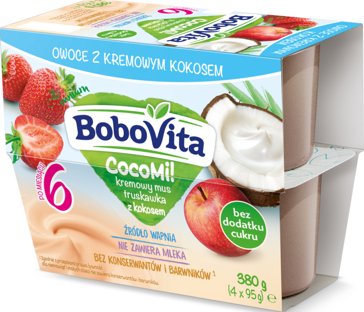 BOBOVITA, CocoMi!, kremowy mus truskawka z kokosem, 6m+, 380 g