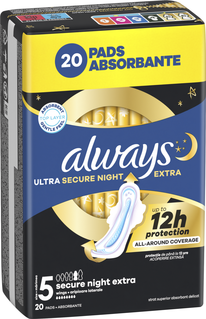 ALWAYS, Ultra, podpaski higieniczne, na noc, ze skrzydełkami, Secure Night Extra, 20 szt.