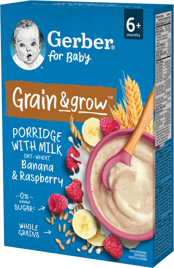 GERBER, Grain & Grow, kaszka owsiano-pszenna, mleczna, Banan i Malina, po 6. m-cu życia, 200 g