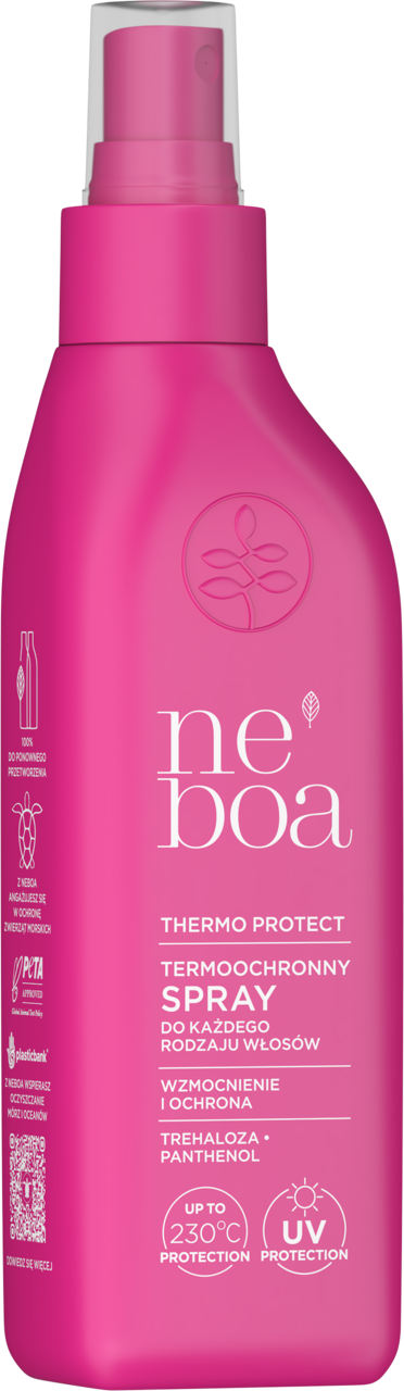 Neboa Termoochronny Spray do włosów, różowa butelka z pompką, widok z przodu, ochrona 230°C i UV.