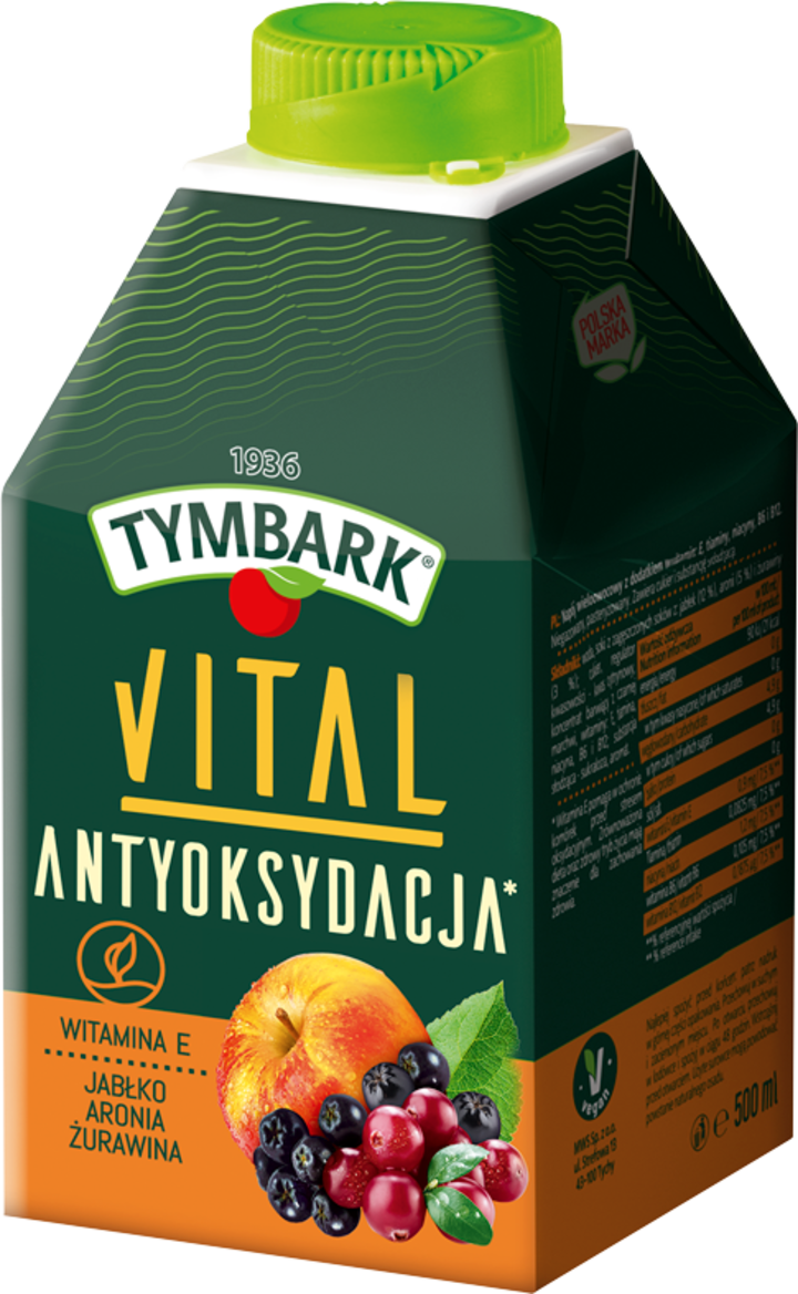 TYMBARK, Vital Antyoksydacja, napój wieloowocowy, Jabłko, Aronia, Żurawina, z Witaminą E, 500 ml