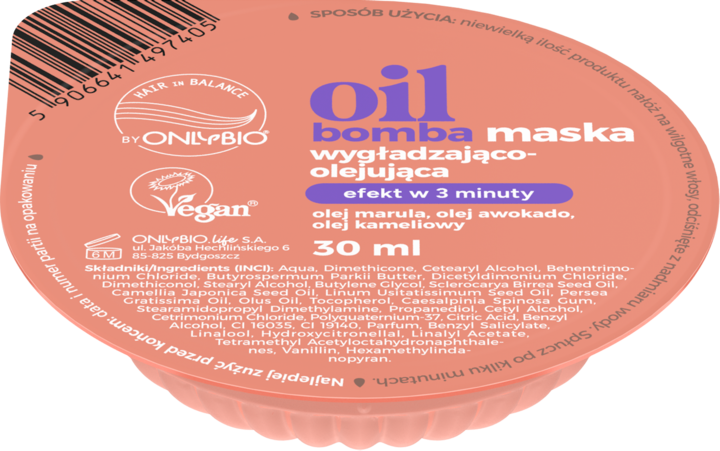 ONLYBIO HAIR IN BALANCE, Oil Bomba, maska do włosów, wygładzająco-olejująca, 30 ml