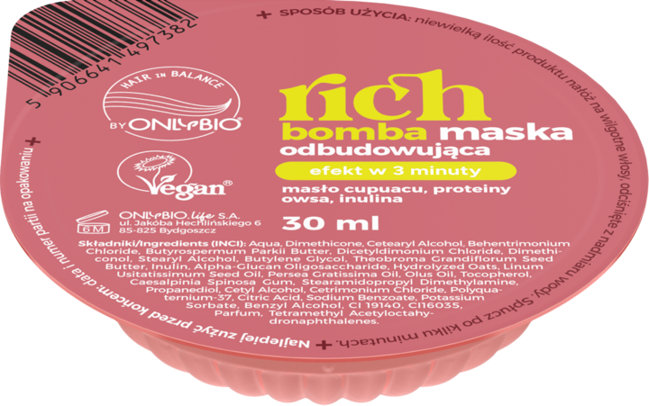 ONLYBIO HAIR IN BALANCE, Rich Bomba, maska do włosów, odbudowująca, 30 ml