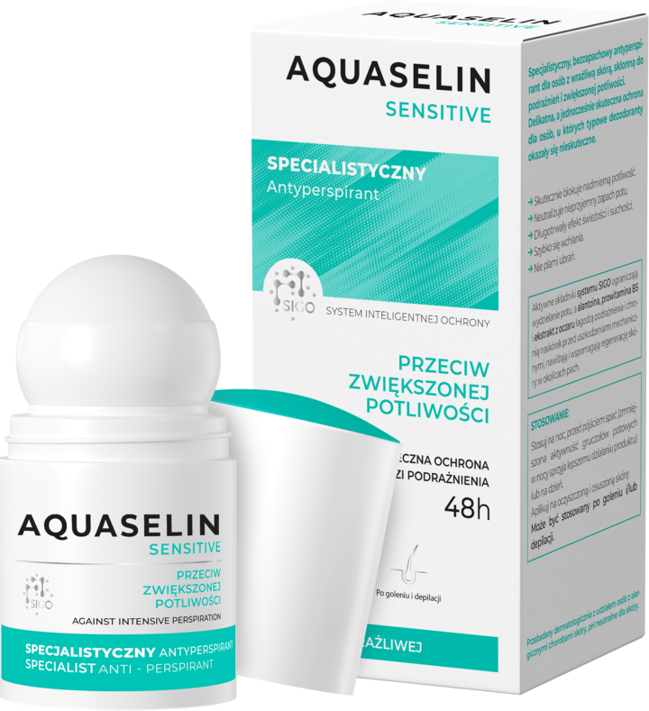 AQUASELIN, Sensitive, antyperspirant w kulce, unisex, 48h, specjalistyczny, przeciw zwiększonej potliwości, 50 ml