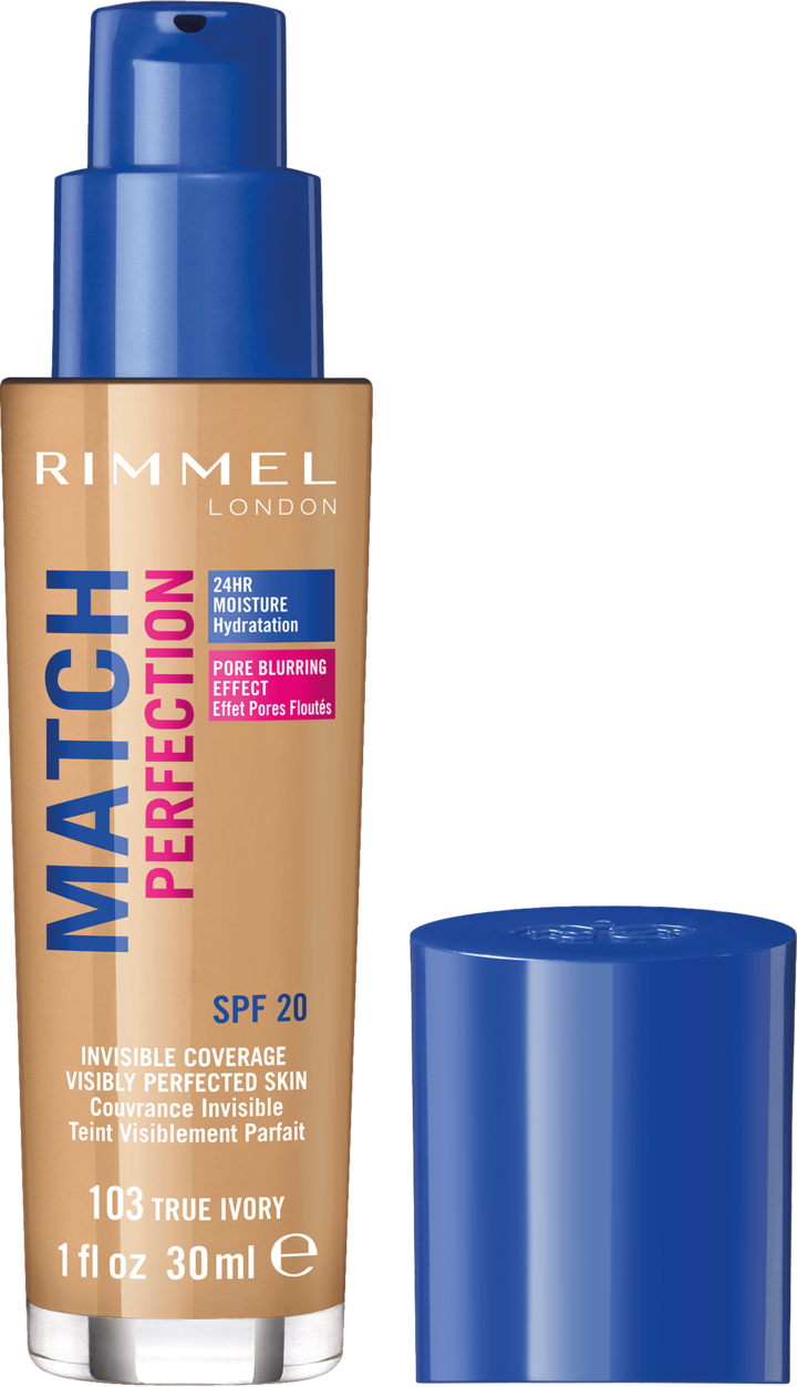 RIMMEL, Match Perfection, podkład do twarzy, nawilżający, SPF 20, nr 103 True Ivory, 30 ml