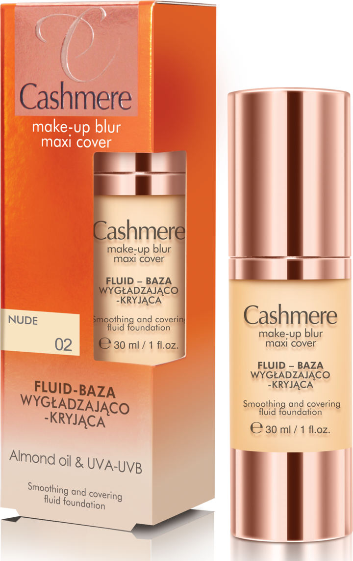 CASHMERE, Make-Up Blur Maxi Cover, fluid-baza do twarzy, wygładzająco-kryjąca, nr 02 Nude, 30 ml