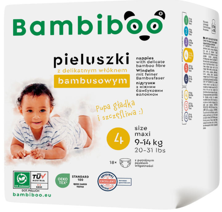 BAMBIBOO, pieluszki jednorazowe, z włóknem bambusowym, 9-14 kg, rozm. 4, 18 szt.