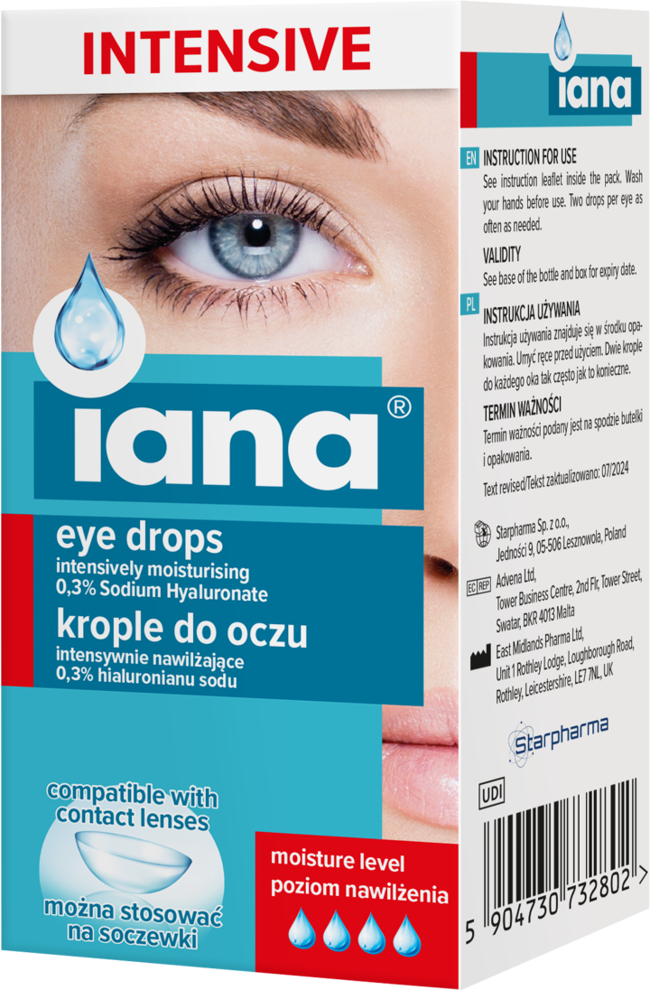IANA, Intensive, krople do oczu, intensywnie nawilżąjące, 0,3% HA, poziom nawilżenia 4, 10 ml