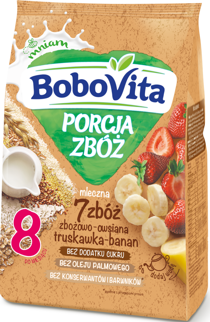 BOBOVITA, Porcja Zbóż, kaszka mleczna, 7 Zbóż, Truskawka, Banan, zbożowo-owsiana, 8m+, 210 g