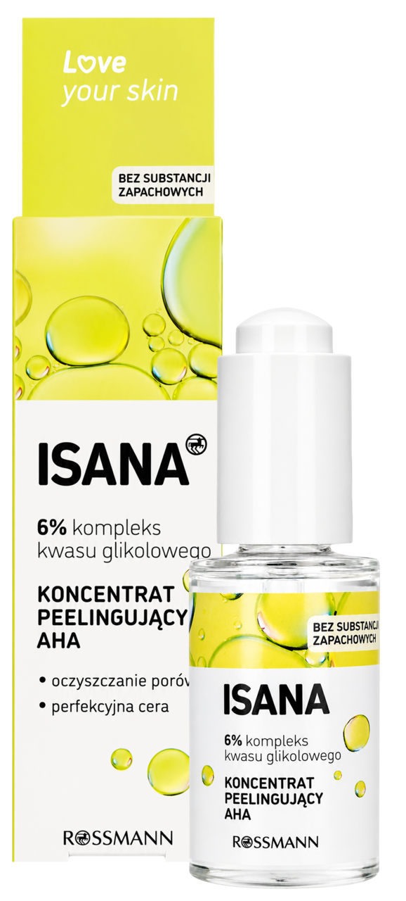 ISANA, Love Your Skin, koncentrat peelingujący z kwasami AHA, 6% kwasem glikolowym, 30 ml