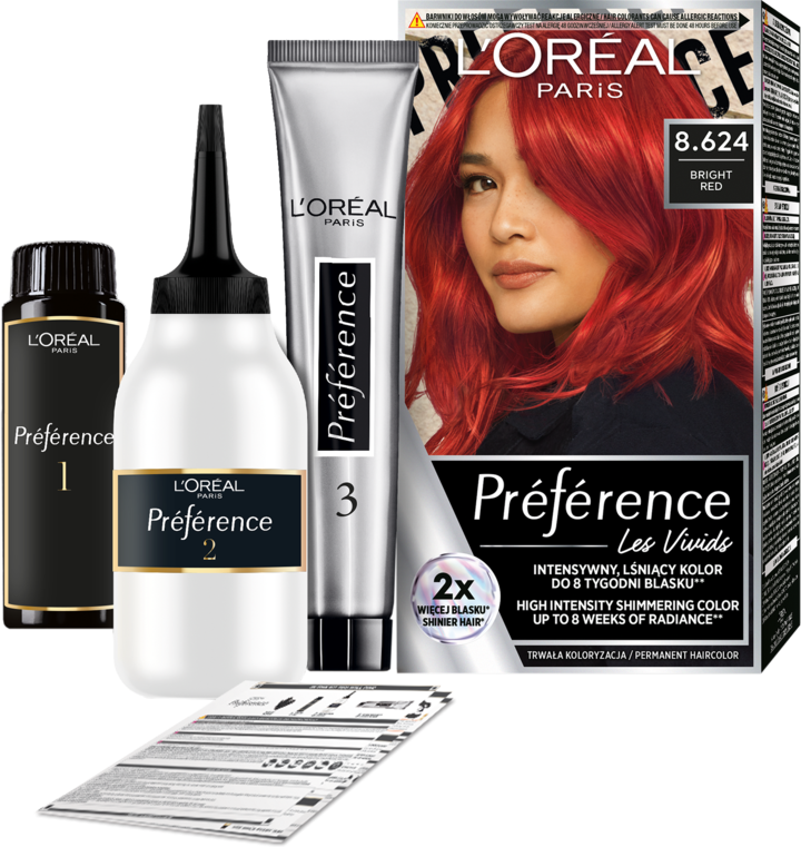 L'ORÉAL PARIS PRÉFÉRENCE, Vivid Colours, farba do włosów, trwała koloryzacja w żelu, nr 8.624 Bright Red, Montmartre, 1 szt.
