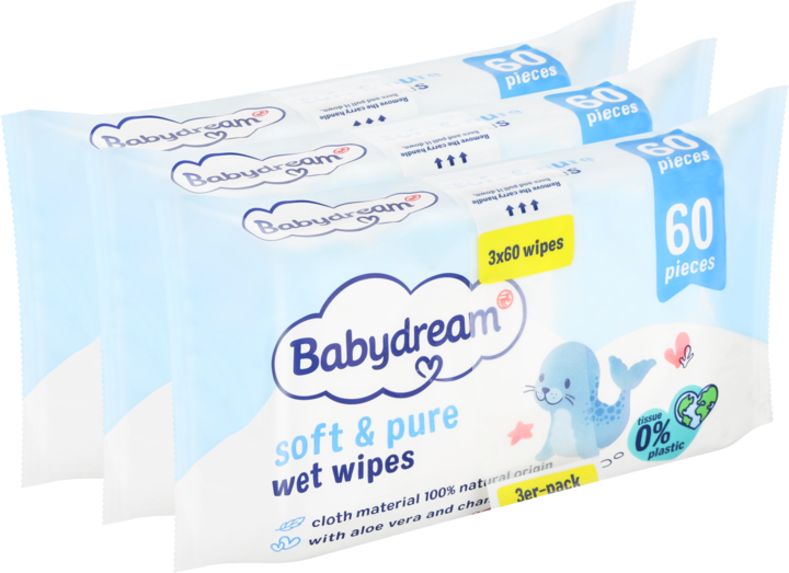 BABYDREAM, Soft&Pure, chusteczki nawilżane dla niemowląt, 3x60 szt.