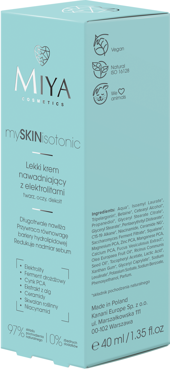 MIYA COSMETICS, mySKINisotonic, krem do twarzy, lekki, nawadniający, z elektrolitami, 40 ml