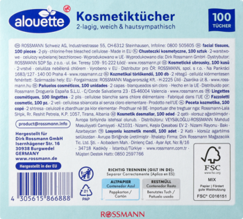 Tył opakowania chusteczek kosmetycznych Alouette 2-warstwowych. Biało-niebieskie, widoczne informacje, certyfikaty i kod kreskowy.